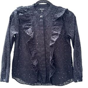 Madewell Black Eyelet Ruffle Bib Blouse Size XXS